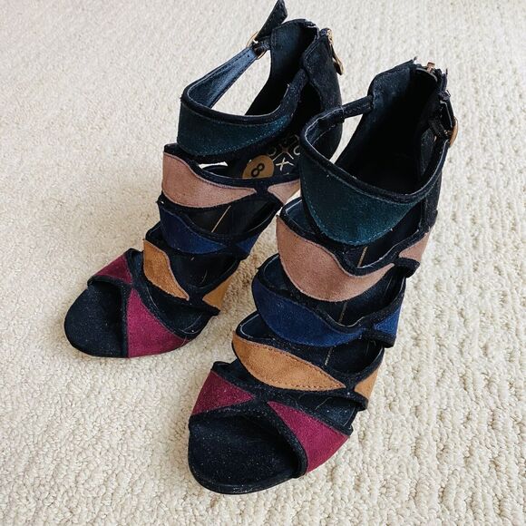 XOXO Dressy Sandals Black & Multi Color Strappy High Heels Shoes Ankle Buckle 8M - Picture 6 of 12